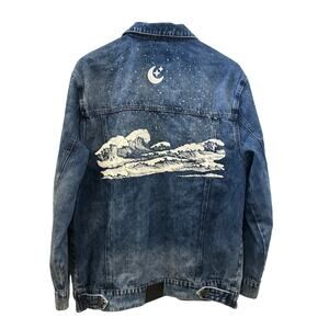 The Tubbo Moment Art Denim Jacket Large Celestial Moon Wave Print  Men's Large